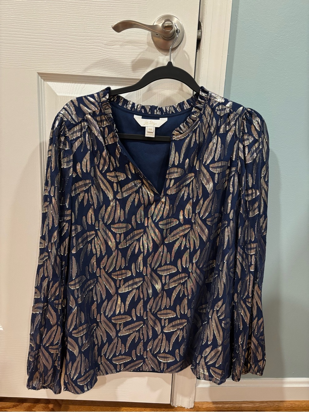 Lilly Pulitzer Navy Metallic Leaf-Print Blouse
